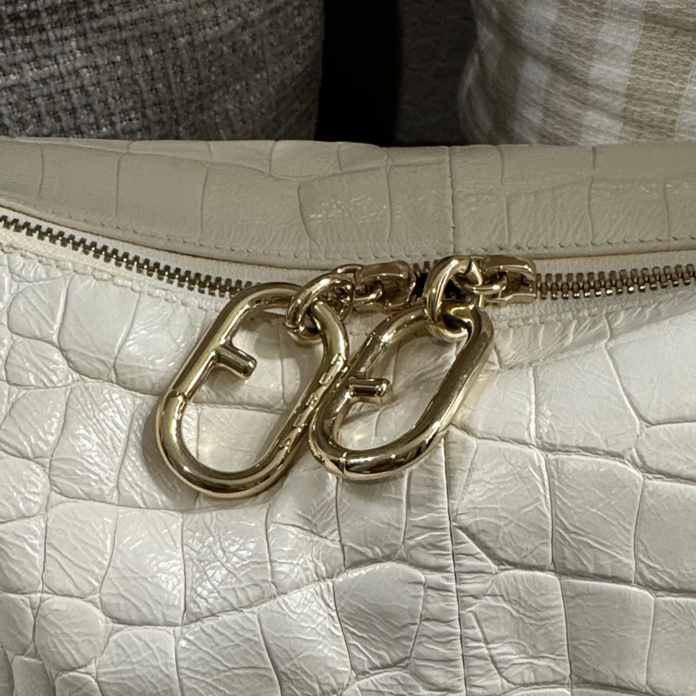 Furla Cream/ White Croc-Embossed Hobo Bag with Furla Dust Bag